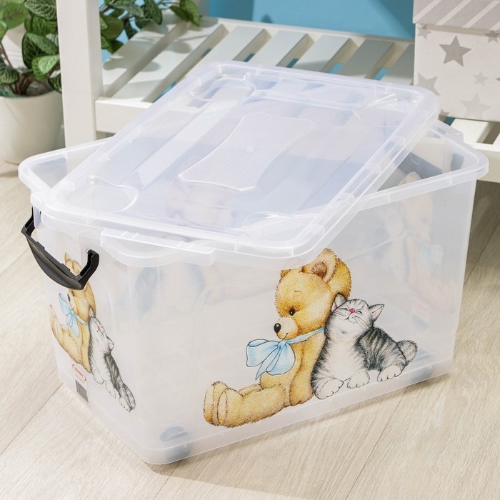 Контейнер для хранения «Мишка и котёнок», 35 л, 50,5×31,5×28 см, на колёсиках, прозрачный Контейнер для хранения «Мишка и котёнок», 35 л, 50,5×31,5×28 см, на колёсиках, прозрачный