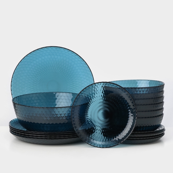 Набор столовый стеклянный «Идиллия», 19 предметов: 6 тарелок d=25 см, 6 тарелок d=19 см, 6 тарелок d=18 см, салатник d=23 см, цвет лондон топаз Набор столовый стеклянный «Идиллия», 19 предметов: 6 тарелок d=25 см, 6 тарелок d=19 см, 6 тарелок d=18 см, салатник d=23 см, цвет лондон топаз