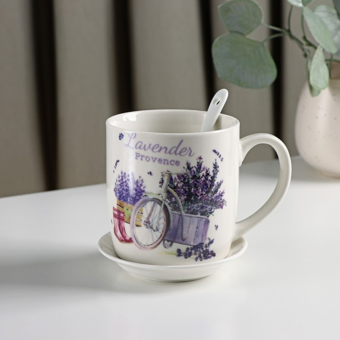 Кружка керамическая с ложкой на подставке &laquo;Лаванда&raquo;, 330 мл, рисунок МИКС