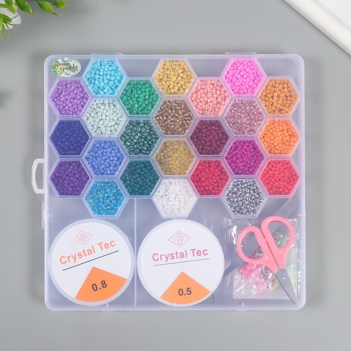 Бисер стекло 8/0, 12/0 в шкатулке  Бисер стекло 8/0, 12/0 в шкатулке "Осень" бусины, эласт. нить, ножницы, пинцет 20х20х1,8 см   102431