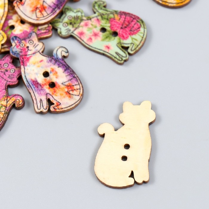 Пуговицы декоративные дерево 2 прокола Пуговицы декоративные дерево 2 прокола "Яркие кошечки" набор 20 шт 3х1,8 см