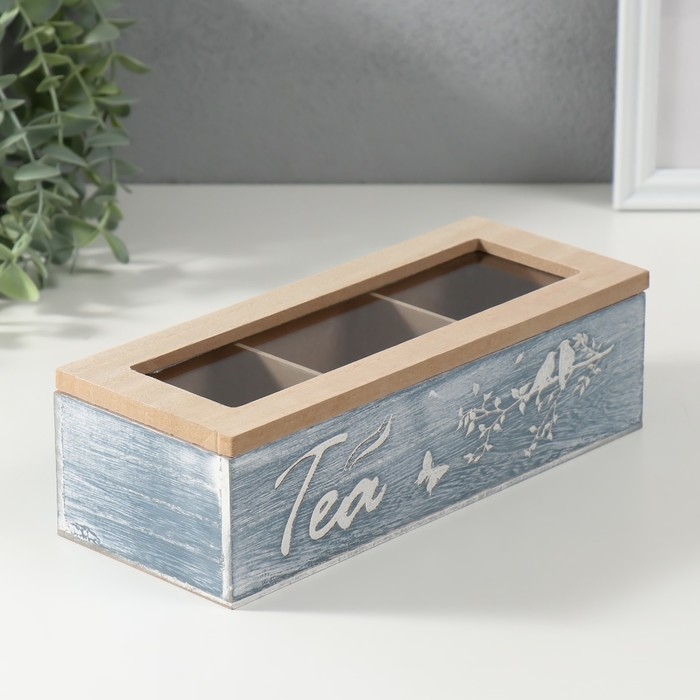 Шкатулка дерево 3 деления  Шкатулка дерево 3 деления "Птицы на ветке" синяя 9,7х24х7 см