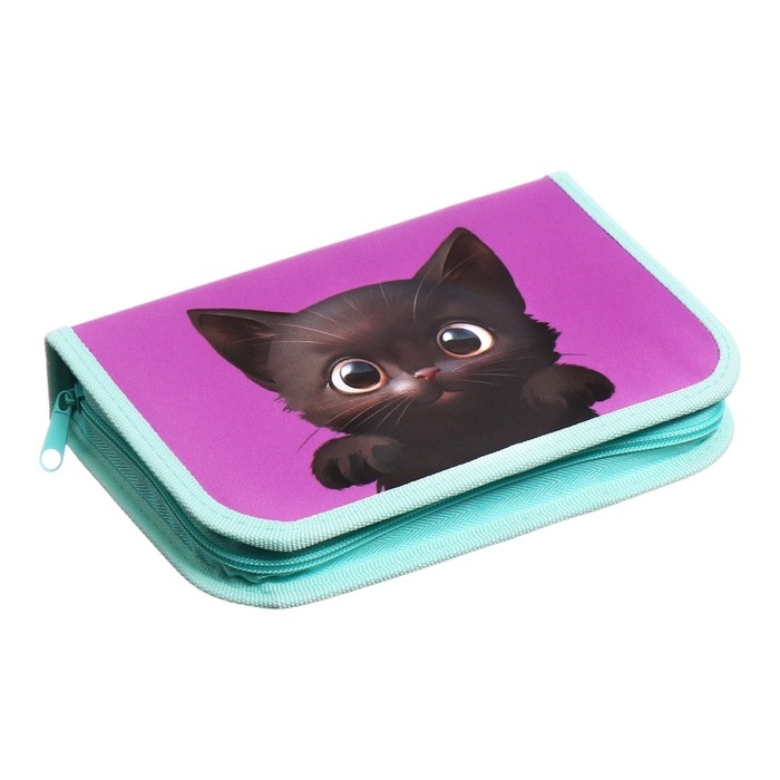 Пенал 1 секция 140 х 210 х 40 мм, откидной карман и косметичка, тканевый, Calligrata TOP Content  Пенал 1 секция 140 х 210 х 40 мм, откидной карман и косметичка, тканевый, Calligrata TOP Content "Котик"