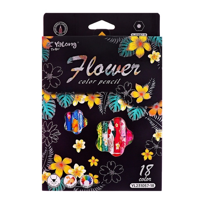 Карандаши 18 цветов в картонной коробке, шестигранные, деревянные,Цветы на чёрном МИКС Карандаши 18 цветов в картонной коробке, шестигранные, деревянные,Цветы на чёрном МИКС