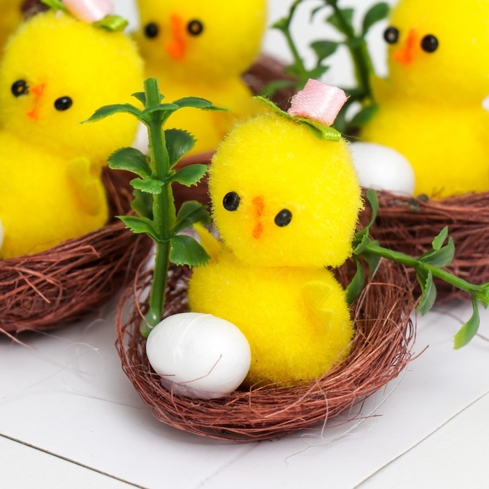 Сувенир пасхальный Сувенир пасхальный "Цыплёнок с розой и яичком в гнезде с цветком" набор 6 шт 3х4х4 см
