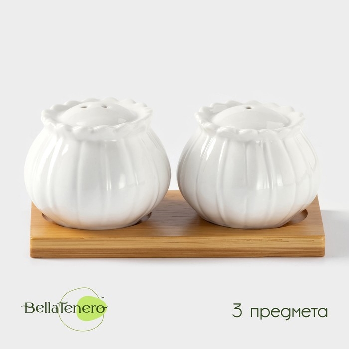 Набор фарфоровый для специй BellaTenero «Тюльпан», 3 предмета: солонка 75 мл, перечница 75 мл, бамбуковая подставка, цвет белый Набор фарфоровый для специй BellaTenero «Тюльпан», 3 предмета: солонка 75 мл, перечница 75 мл, бамбуковая подставка, цвет белый