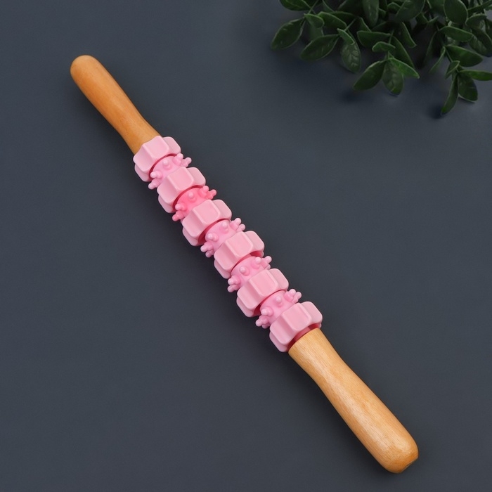 Массажёр «Скалка», универсальный, 37,5 × 4 см, деревянный, 11 колёс, цвет розовый Массажёр «Скалка», универсальный, 37,5 × 4 см, деревянный, 11 колёс, цвет розовый