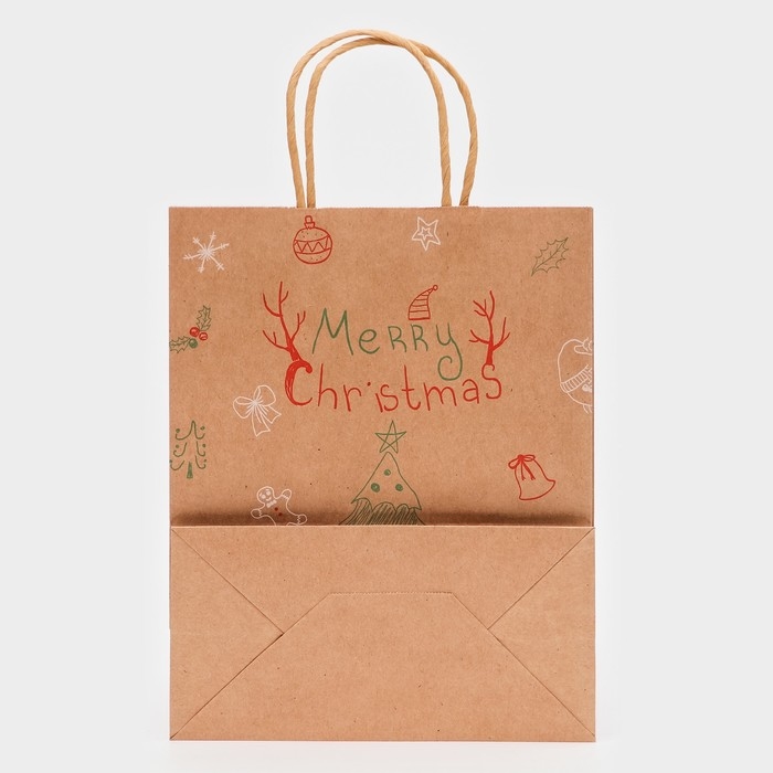 Новый год. Пакет бумажный подарочный новогодний крафт Новый год. Пакет бумажный подарочный новогодний крафт "Ёлка", 27 х 21 х 11 см.