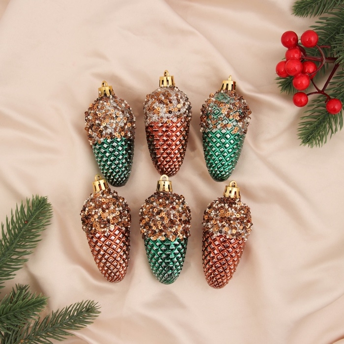 Украшение ёлочное Украшение ёлочное "Шишка Феерия" (набор 6 шт) 8х3,5 см, зелёно-золотой