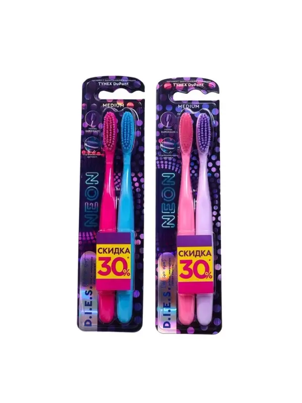 Зубная щетка D.I.E.S. Neon 1+1 средней жесткости, 2 шт.