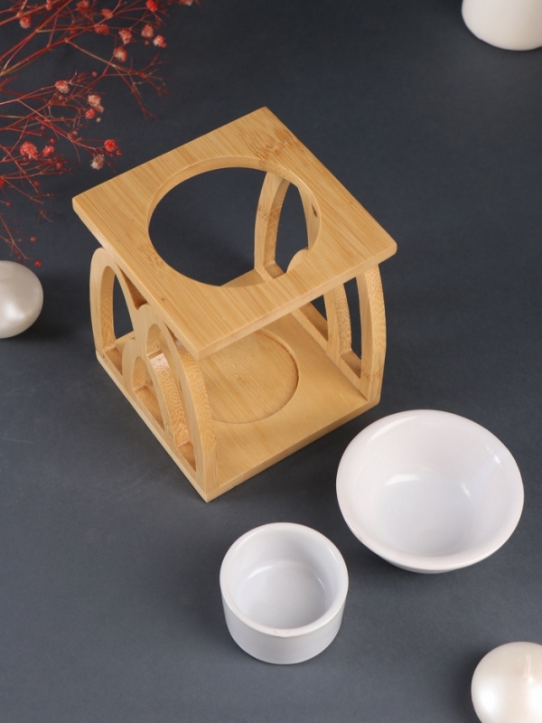 Аромалампа бамбук, керамика с подставкой под свечу Аромалампа бамбук, керамика с подставкой под свечу "Узоры" белая 9,5х9,5х13,5 см