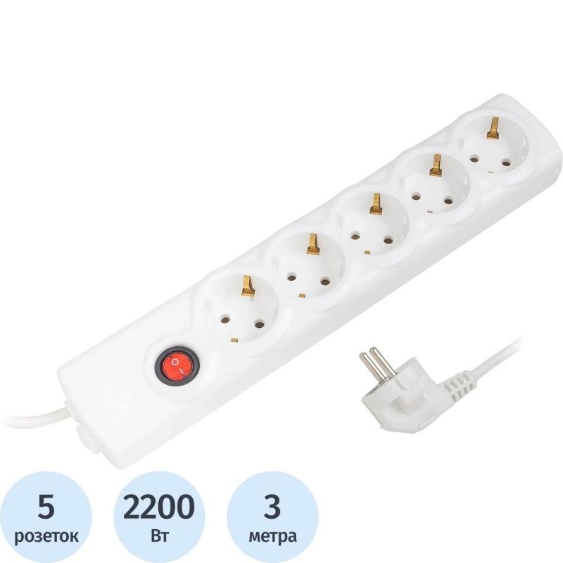 Сетевой фильтр BigTech BT510-3-W(5р/3м/10А/2,2кВт/3х0,75 мм2/белый)