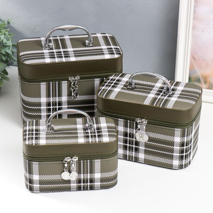 Шкатулка кожзам с зеркалом  Шкатулка кожзам с зеркалом "Клетка. Зелёный" набор 3 шт 18х10х12,5 21х13х15,5 23х15х18,5 см