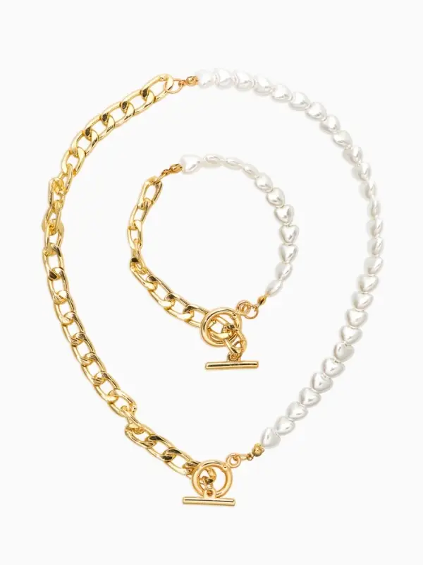 Набор 2 пред-а: колье,браслет "Жемчуг сердце с цепочкой" 18/42, цвет белый в золоте