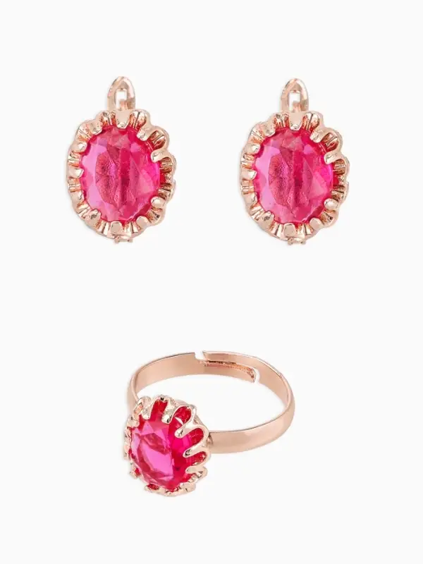 Гарнитур 3 предмета: серьги, кулон, кольцо безразмерное &laquo;Эдель&raquo;, овал, ярко-розовые в золоте, 45 см