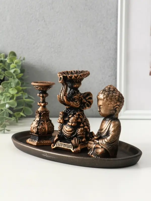 Набор фигур "Буддийский" на подносе, высота 13 см, цвет винтажная бронза
