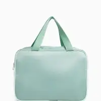 Косметичка - сумочка на молнии с сеткой, с ручками, с вышивкой, зелёная