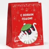 Пакет подарочный новогодний ламинированный «Котейка», MS 18 х 23 х 8 см