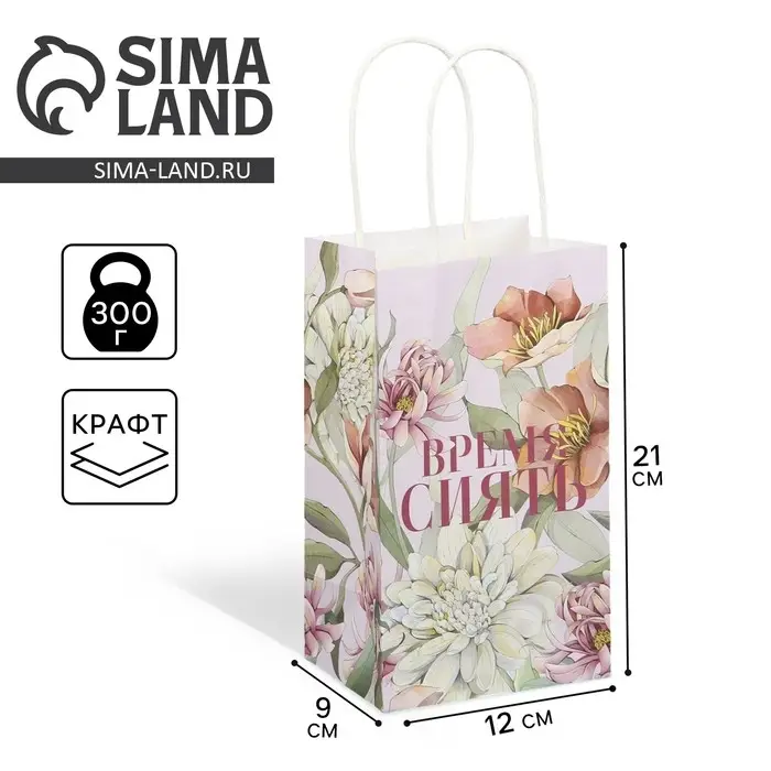Пакет подарочный крафтовый, упаковка, «Время сиять», 12 х 21 х 9 см Пакет подарочный крафтовый, упаковка, «Время сиять», 12 х 21 х 9 см