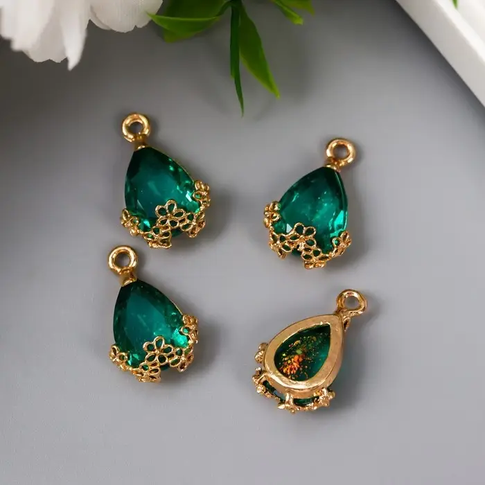 Декор для творчества пластик  Декор для творчества пластик "Капля с золотыми цветочками" морская волна кристалл 2х1,2 см