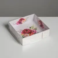 Кондитерская упаковка, коробка для макарун с пластиковой крышкой, «Цветы», 12 х 12 х 3.5 см