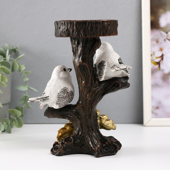 Сувенир полистоун подсвечник "Две белые птицы с подставкой" d=7,5 см 15х11,5х19,5 см