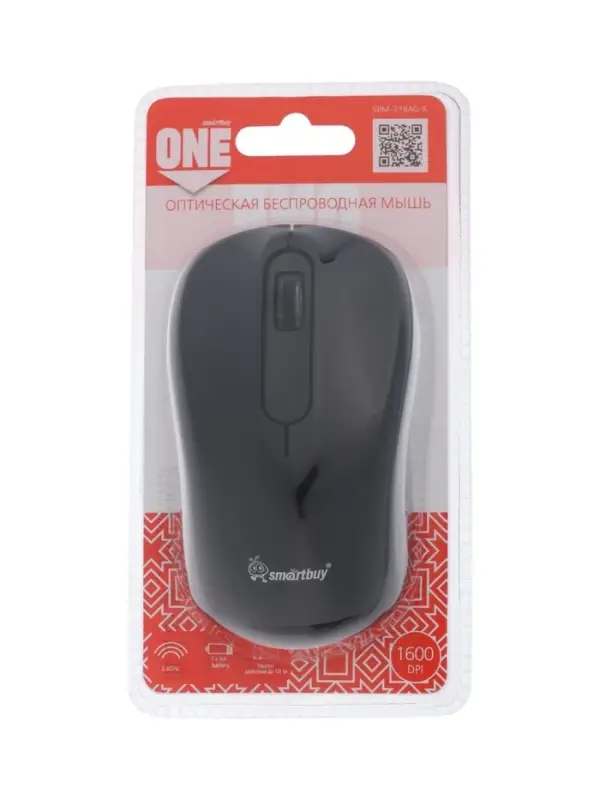 Мышь беспроводная Smartbuy ONE 378, 3 кнопки, 1600 dpi, USB, от батарейки 1хАА, чёрная