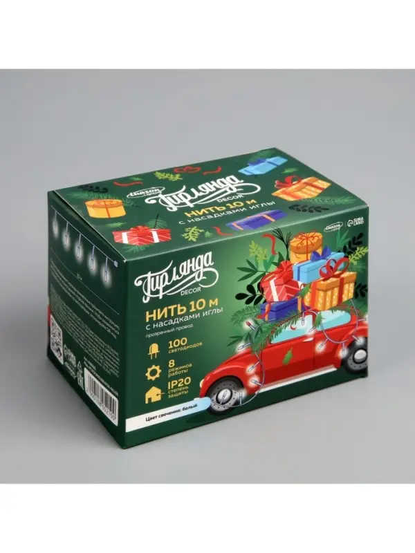 Гирлянда &laquo;Нить&raquo; 10 м с насадками &laquo;Игла&raquo;, IP20, прозрачная нить, 100 LED, свечение белое, 8 режимов, 220 В