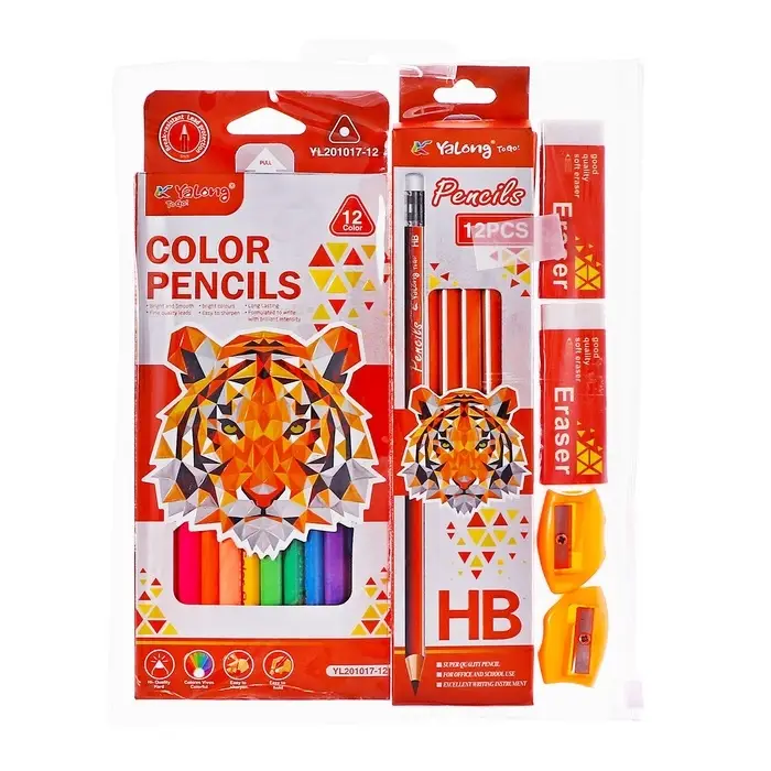 Набор карандашей цветных чернографитных Yalong, 12 штук, 2 точилки, 2 ластика, в папке на молнии, МИКС