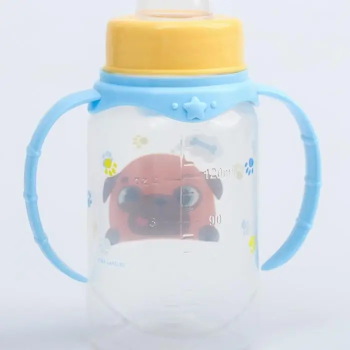 Бутылочка для кормления M&B &laquo;ТРЕНД. Песики&raquo;, классическое горло, с ручками, от 0 мес., 150 мл., цилиндр, голубой