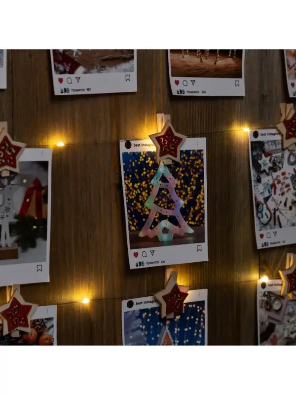 Гирлянда &laquo;Нить&raquo; 2 м, роса с насадками &laquo;Прищепки-звёздочки&raquo;, IP20, серебристая нить, 20 LED, от батареек АА&times;2, свечение тёплое белое