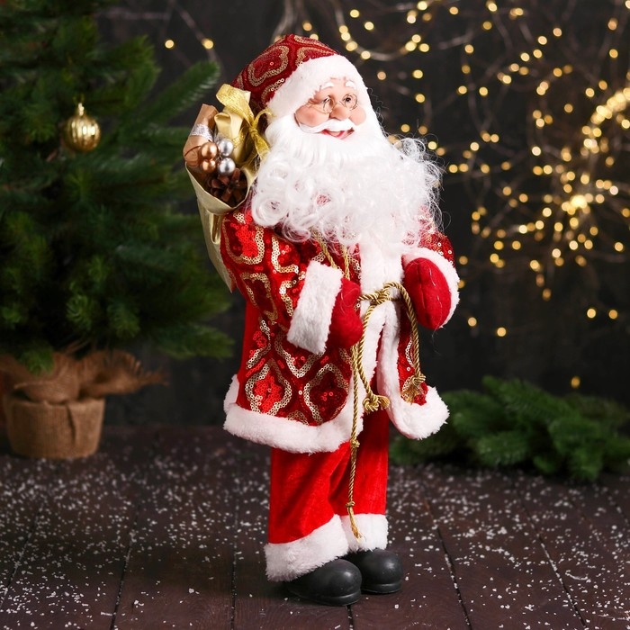 Дед Мороз Дед Мороз " В узорчатой шубе, с подвязкой" 47 см, красный