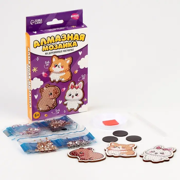 Алмазная мозаика на деревянном магните для детей &laquo;Милые зверюшки&raquo;, набор для творчества