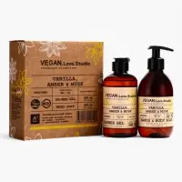 Набор женский VEGAN.Love.Studio "Vanilla, Amber, Musk": гель для душа 300 мл + мыло для рук 300 мл 1