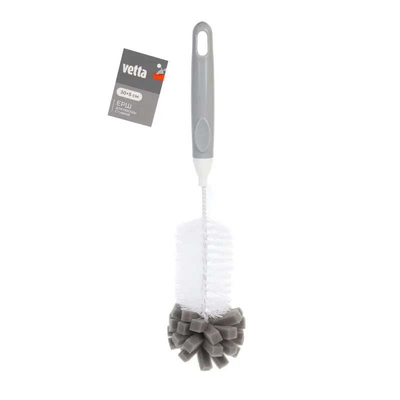 Ерш для посуды с губкой 30х5 см, тм VETTA, анатомическая ручка, полипропилен, поролон