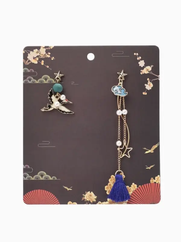 Серьги с жемчугом &laquo;Япония&raquo;, аист и звёзды, цветные в золоте