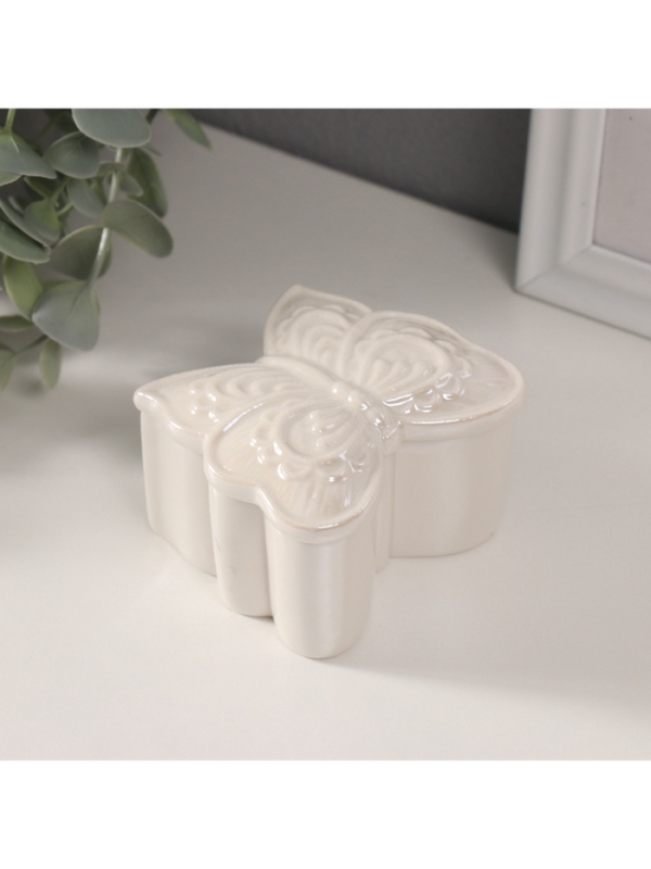 Шкатулка керамика Шкатулка керамика "Бобочка фигурная" белый перламутр 7,3х7,3х4,5 см