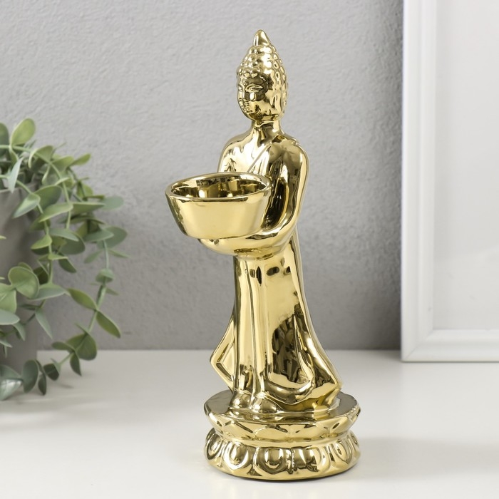 Подсвечник керамика на 1 свечу "Будда" d=4 см золото 8х11х22,5 см