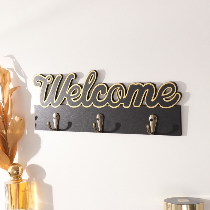 Крючки декоративные дерево Крючки декоративные дерево "Добро пожаловать" чёрный с золотом 3х29,5х10,5 см