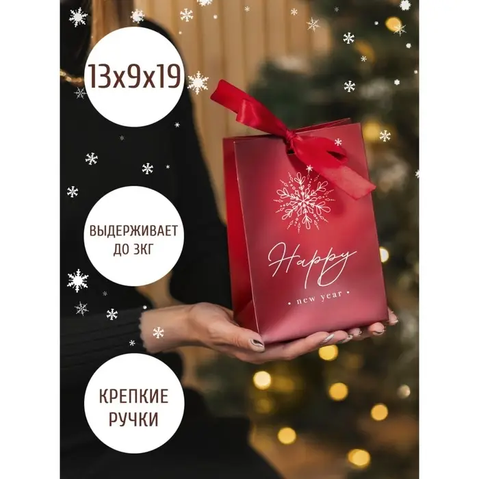 Пакет подарочный новогодний с лентой «Happy New Year», 13 х 19 х 9 см Пакет подарочный новогодний с лентой «Happy New Year», 13 х 19 х 9 см