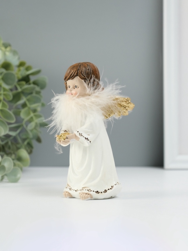 Сувенир полистоун "Ангелочек со звёздами в ладонях" пух, золотые крылья 8,5х7х13 см