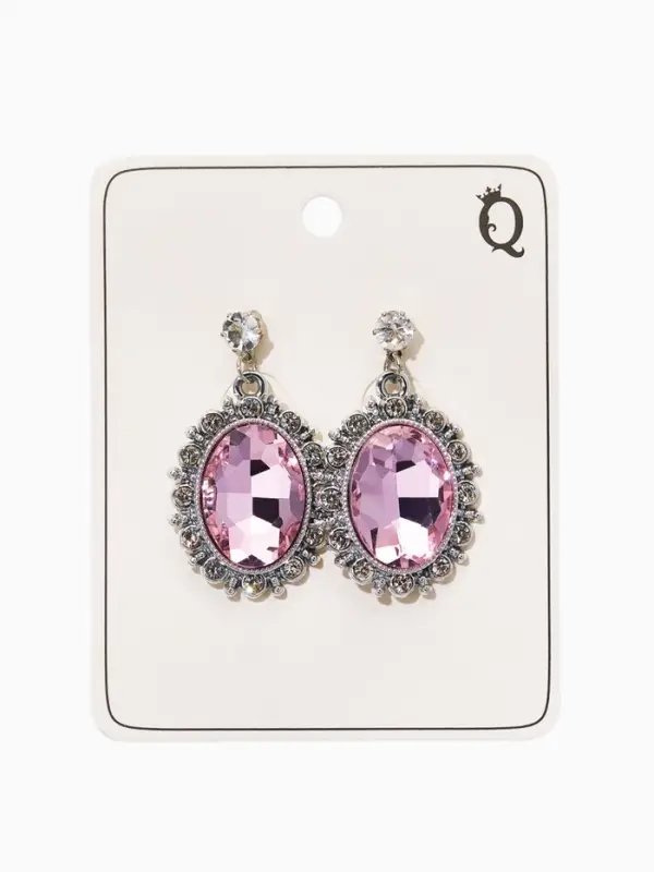 Серьги со стразами "Овал грань", цвет розовый в серебре