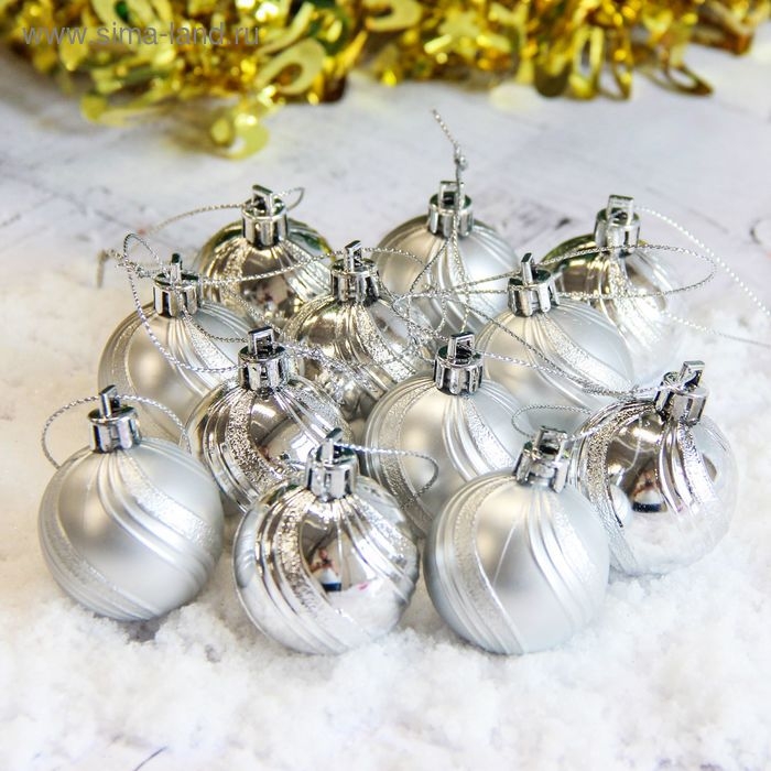 Набор шаров пластик d-4 см, 12 шт Набор шаров пластик d-4 см, 12 шт "Волна" серебро