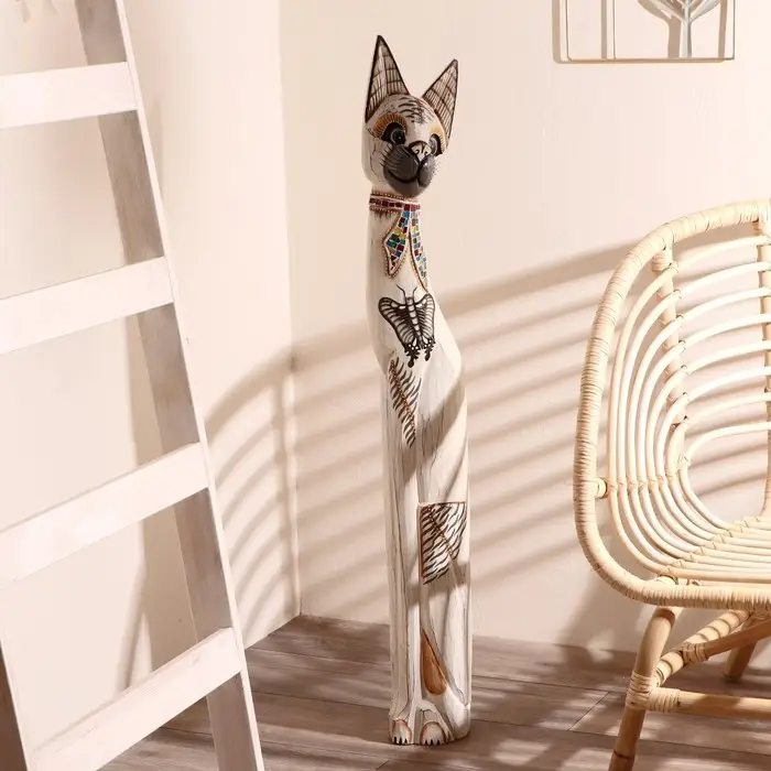 Сувенир дерево "Кошка с бабочкой и бантом из мозаики" белая 100х16х7 см