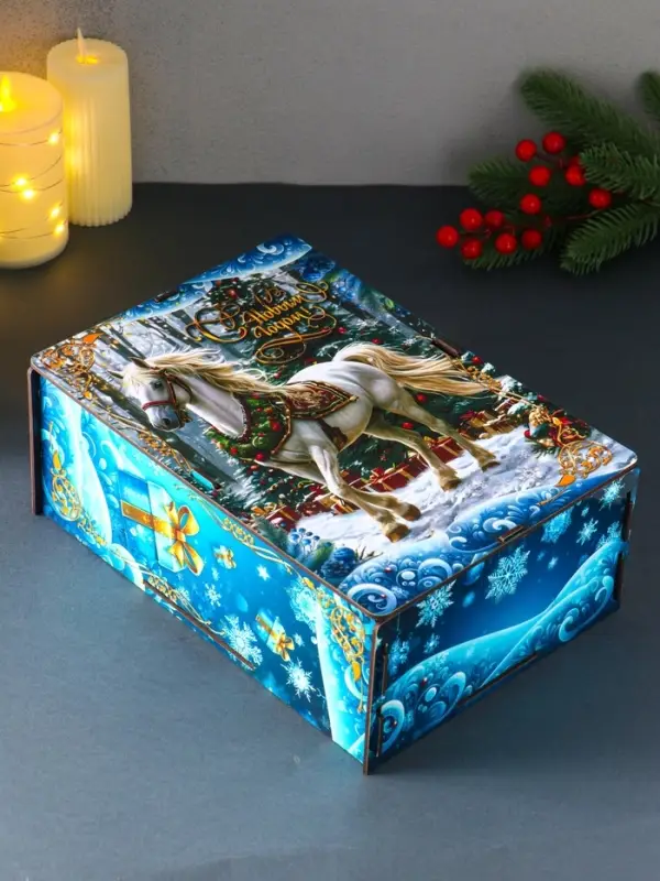 Шкатулка-ящик  самосборный большой  с символом года "Белая лошадь на голубом",  28х19,5х11 см 109035