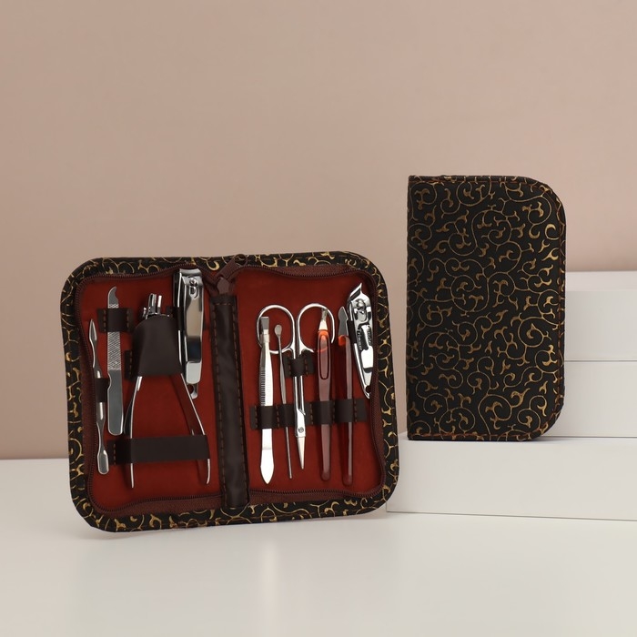 Набор маникюрный, 10 предметов, в футляре, цвет коричневый Набор маникюрный, 10 предметов, в футляре, цвет коричневый