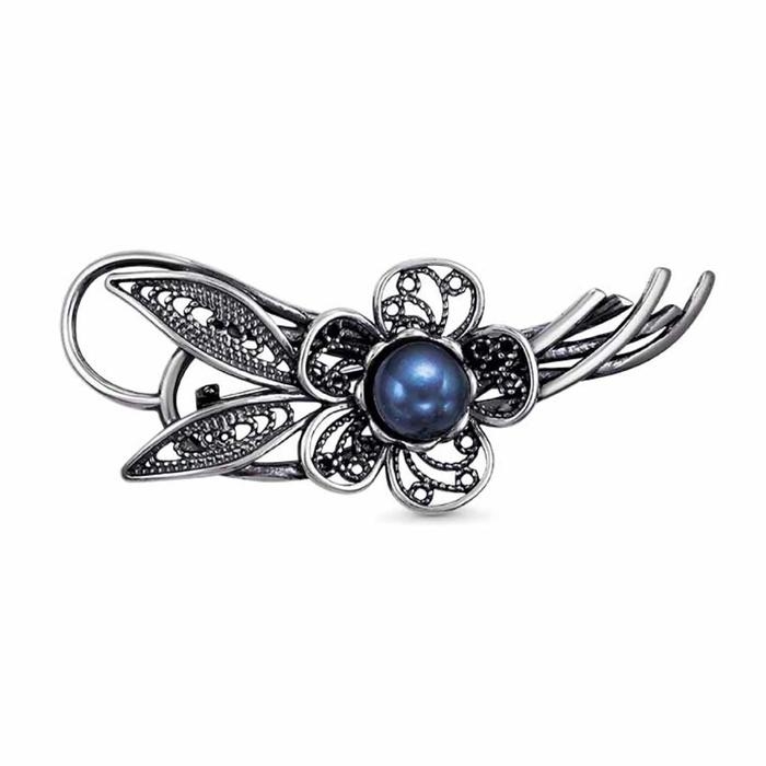 Брошь «Жемчужный цветок», посеребрение с оксидированием, цвет синий Брошь «Жемчужный цветок», посеребрение с оксидированием, цвет синий