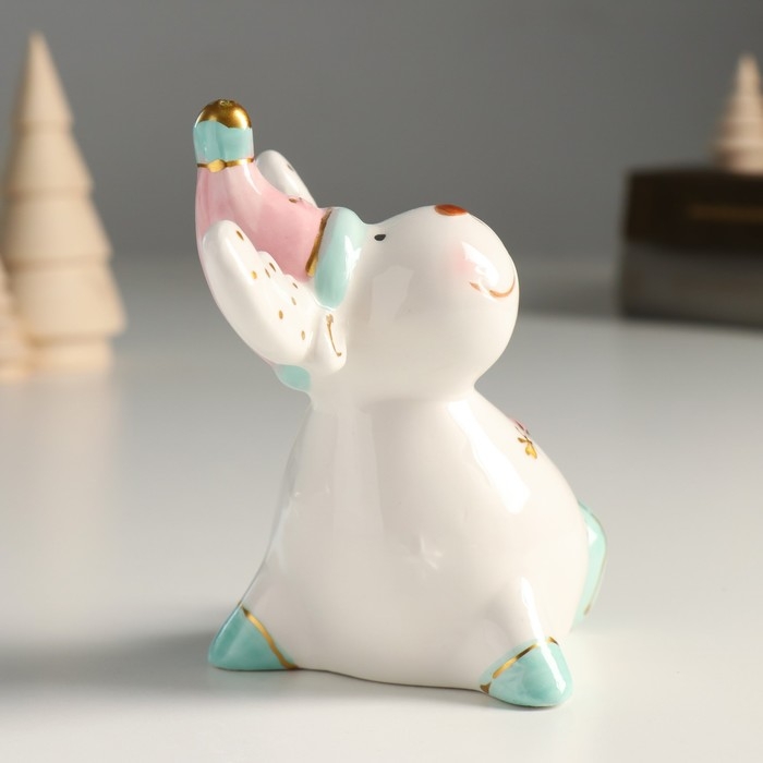 Сувенир керамика  Сувенир керамика "Лосик, розовый колпак, белые рожки в горох" 11,1х11,3х7,7 см