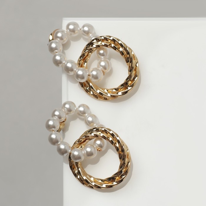 Серьги с жемчугом «Два кольца» бусины и металл, цвет золото Серьги с жемчугом «Два кольца» бусины и металл, цвет золото