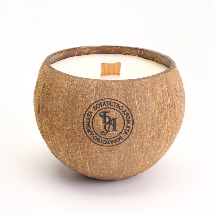 Свеча в кокосе ароматическая, английская груша и фрезия, соевый воск, 8х10 с, в коробке Свеча в кокосе ароматическая, английская груша и фрезия, соевый воск, 8х10 с, в коробке